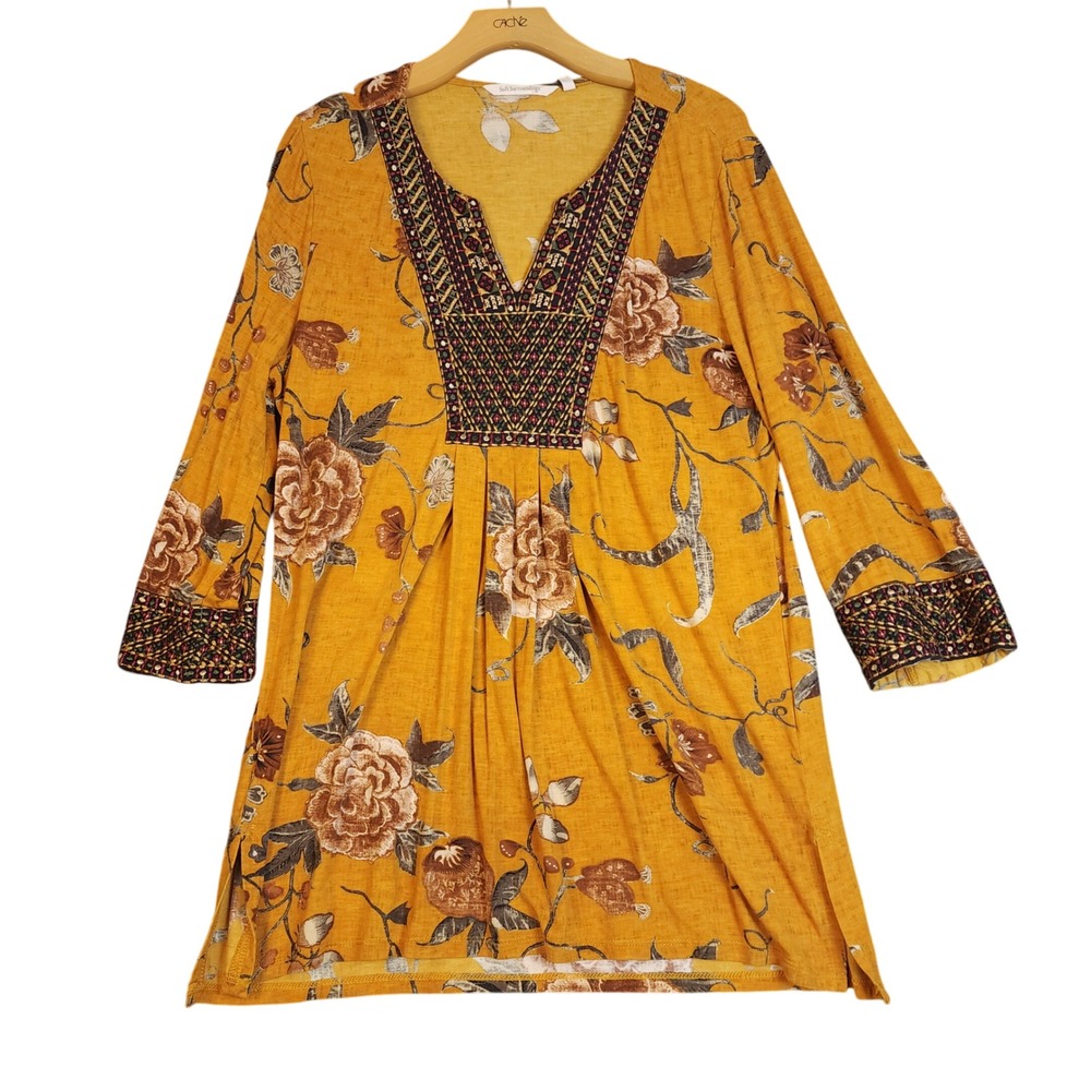 Soft Surroundings Mustard Yellow Floral Embroidered V Neck Tunic Top Size L